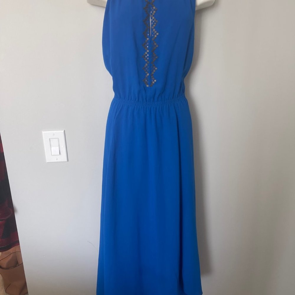 Red Saks 5th Avenue Beautiful Royal blue with gold beads maxi halter dress